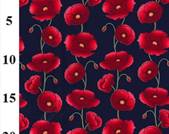 100% Cotton Fabric - Red Poppy Flower Print on Navy Blue - Craft Fabric Material Metre