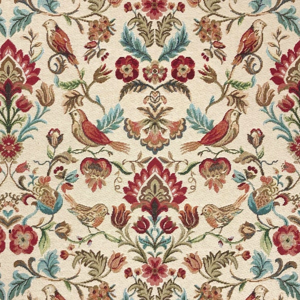 Medium - Heavy Weight Tapestry Upholstery Fabric William Morris  Floral Bird Design on Natural Per Metre - 140 cm- 55" Wide