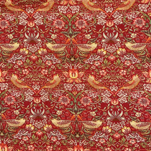 William Morris Fabric - Strawberry Thief - Crimson Red - Floral Bird Print Craft Fabric Material Metre