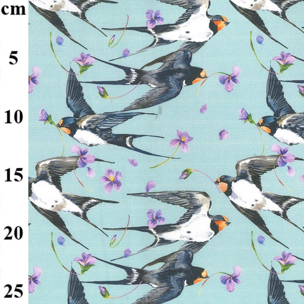 Tissu en coton - Beautiful Swifts Birds on Aqua Blue - Craft Fabric Material Meter