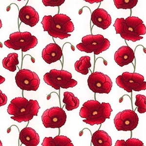 100% Cotton Fabric - Red Poppy Flower Print on Ivory - Craft Fabric Material Metre
