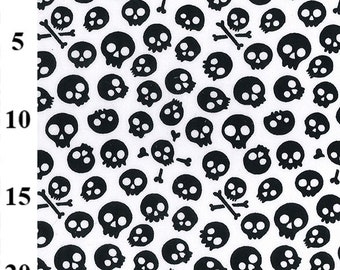 Halloween Craft Fabric White with Black Skull Crossbones Print - Craft Fabric Material Polycotton - 1 METRE