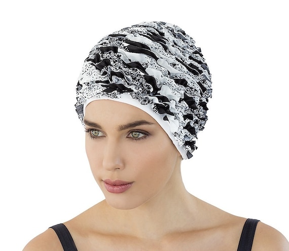 Ladies Fashy Frill Bathing Cap Retro Vintage Style Black & White