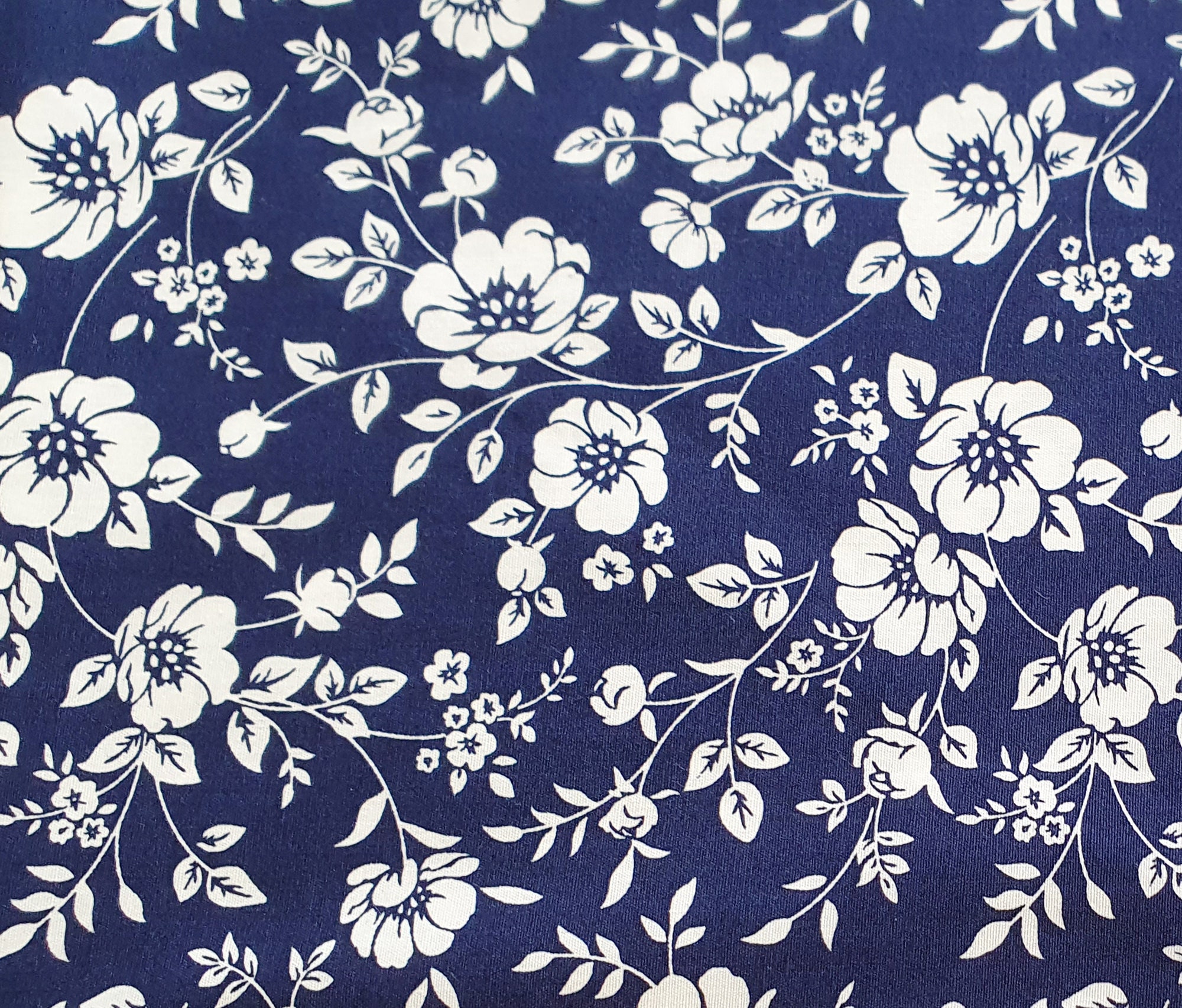 Cotton Fabric White Flower Print on Navy Blue Floral Craft Etsy
