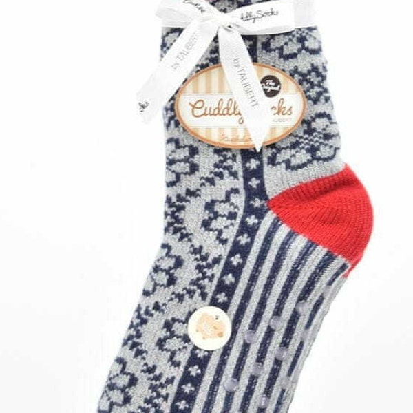 Ladies Soft Warm Fluffy Fleece Lined Slipper Socks - Grey & Navy Blue Scandi Floral