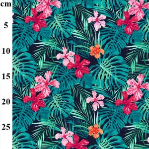 100% Cotton Fabric - Hawiian Tropical Palm Leaf Pink Floral on Navy Blue - Print Craft Fabric Material