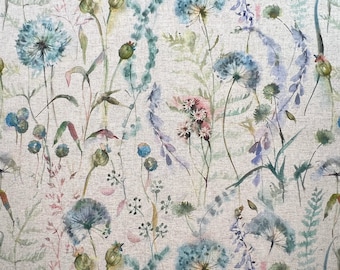 Organic Linen Fabric - Montagna Pacific Blue - Dandelion Floral Canvas Upholstery Craft Fabric