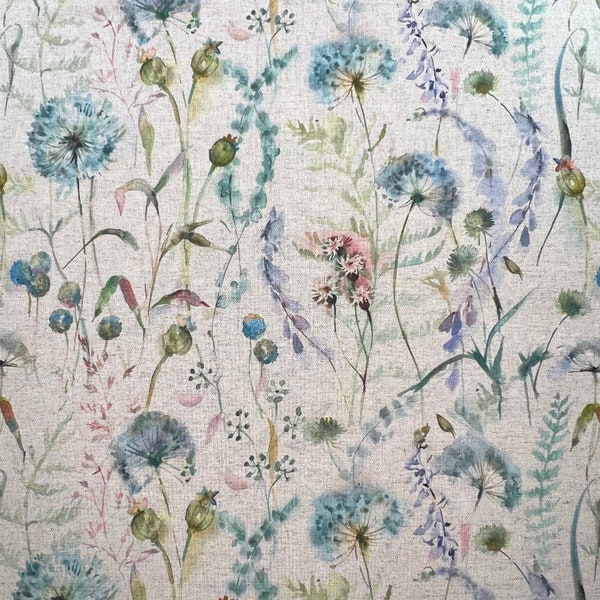 Organic Linen Fabric - Montagna Pacific Blue - Dandelion Floral Canvas Upholstery Craft Fabric