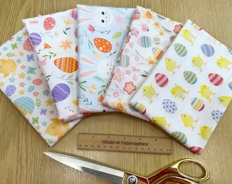 Lot Fat Quarter de tissus de Pâques - Tissu artisanal floral printanier avec des lapins, des poussins et des nids d'abeilles