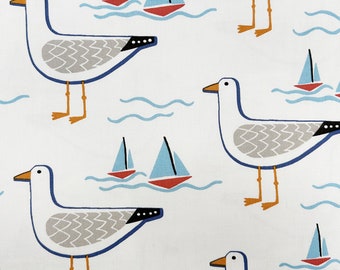 Cotton Fabric 'Gull' Ivory Seagulls & Boats Nautical Print Upholstery Cushion Curtain Craft Fabric Material