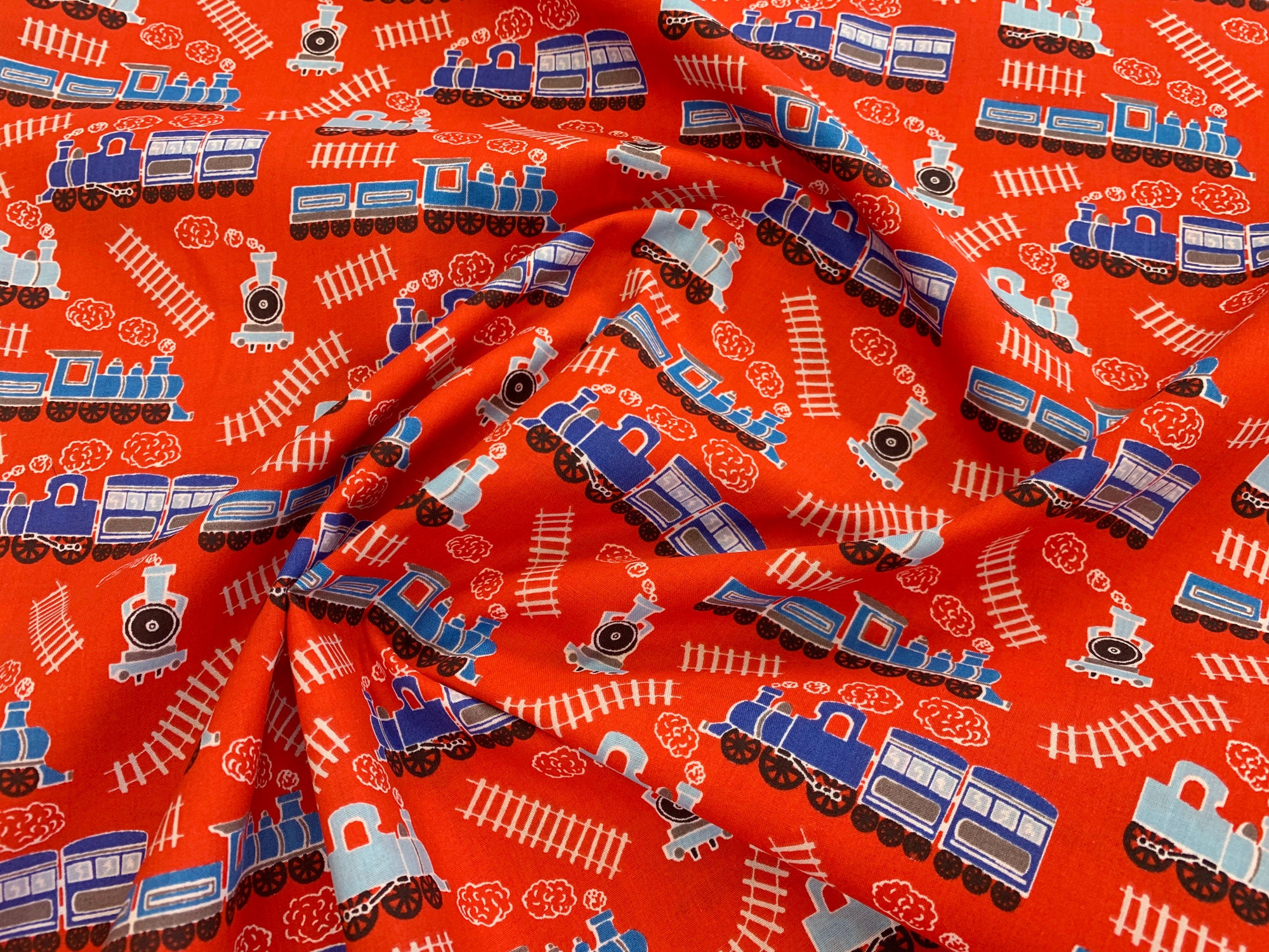 Children's Fabric Choo Choo Trains & Track on Red Etsy UK