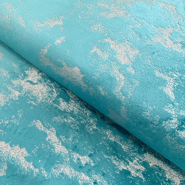 Upholstery Fabric Avalon Marbled Velour Velvet Curtain Cushion Material - Teal Green & Silver