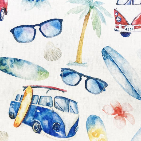 Cotton Fabric - Surfs Up! Camper Van Surf Board Palm Tree Print - Craft Fabric Material Metre