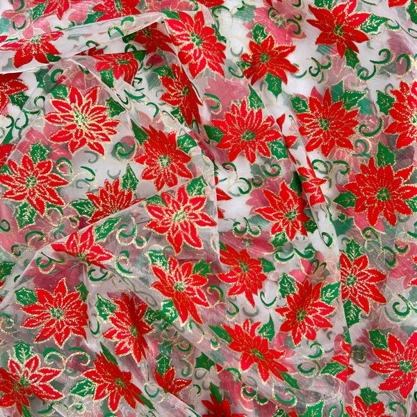 Christmas Fabric - Red Green & Gold Glitter Poinsettia Flowers on white Foil - Organza Fabric