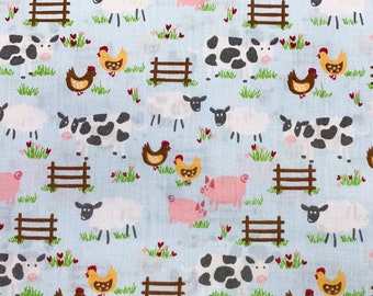 Childrens Fabric - Cute Farm Animals on Sky Blue - Polycotton Craft Fabric Material Metre