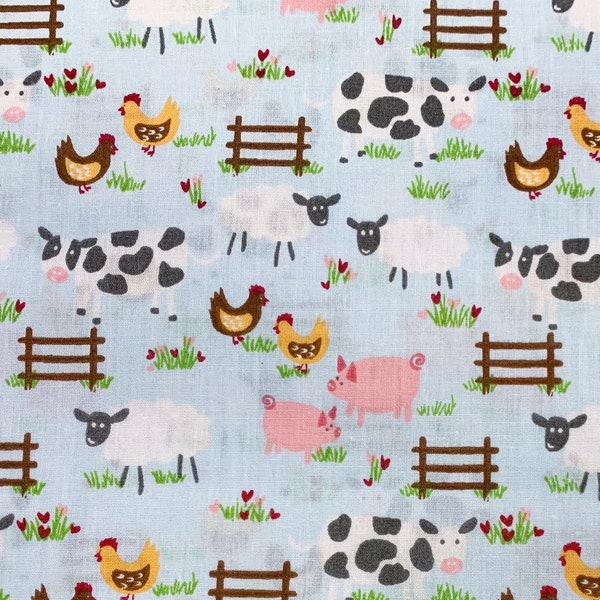 Childrens Fabric - Cute Farm Animals on Sky Blue - Polycotton Craft Fabric Material Metre