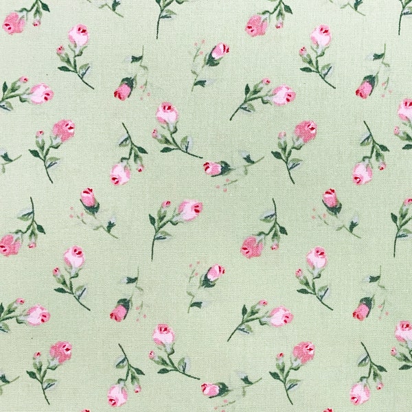 Tessuto popeline di cotone 100% - Stampa floreale con boccioli di rosa piuttosto rosa su verde - Tessuto artigianale al metro (CP0456GREEN)