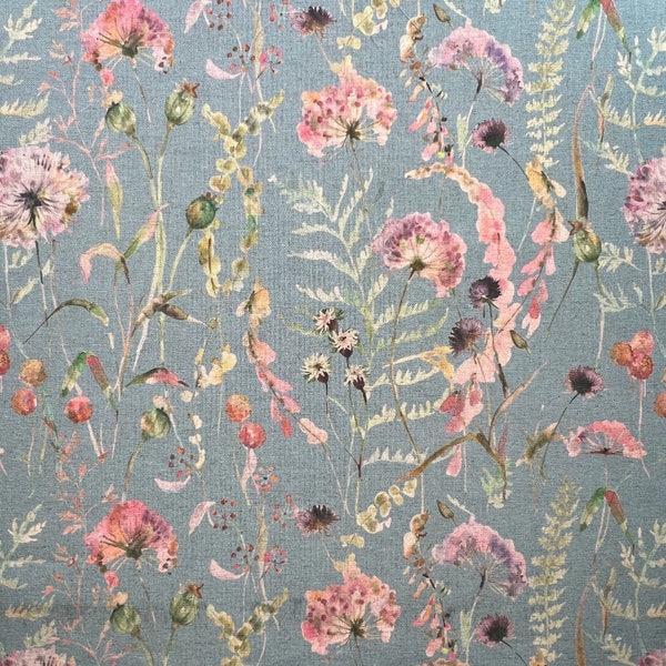 Organic Linen Fabric - Montagna Tourmaline - Dandelion Floral Canvas Upholstery Craft Fabric