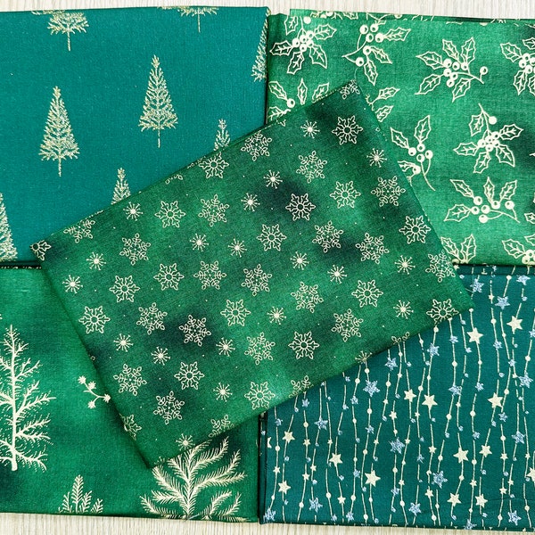 Fat Quarter Bundle - Christmas Green Metallic Gold Silver Snowflake Trees Cotton Craft Fabric Material