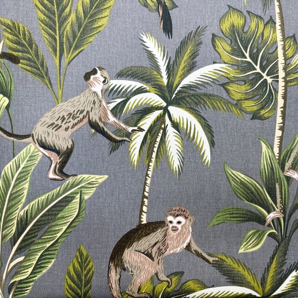 Tissu en coton gris « Singe » Coussin d'ameublement à imprimé feuilles de palmier et singe gris Tissu artisanal