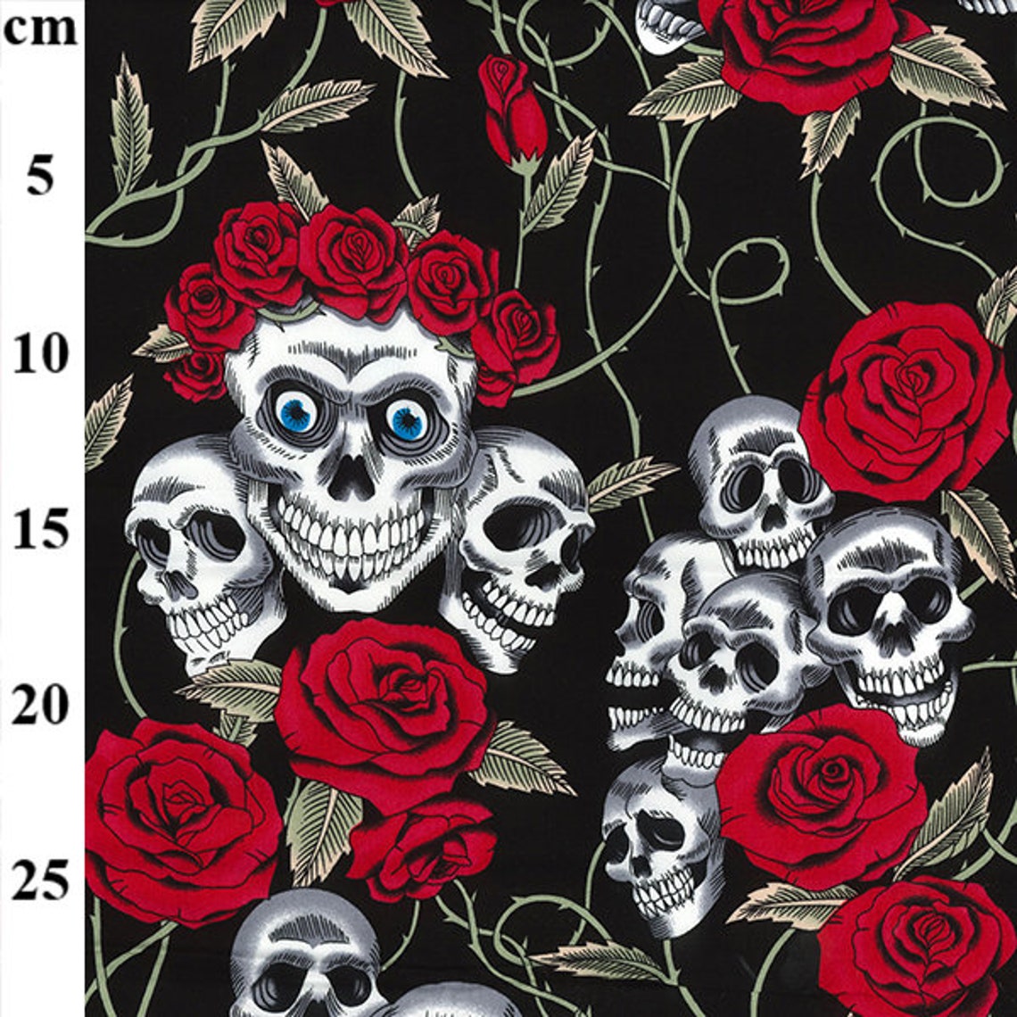 Skull Print Fabric 100 Cotton Skulls & Red Roses on Black Etsy Australia