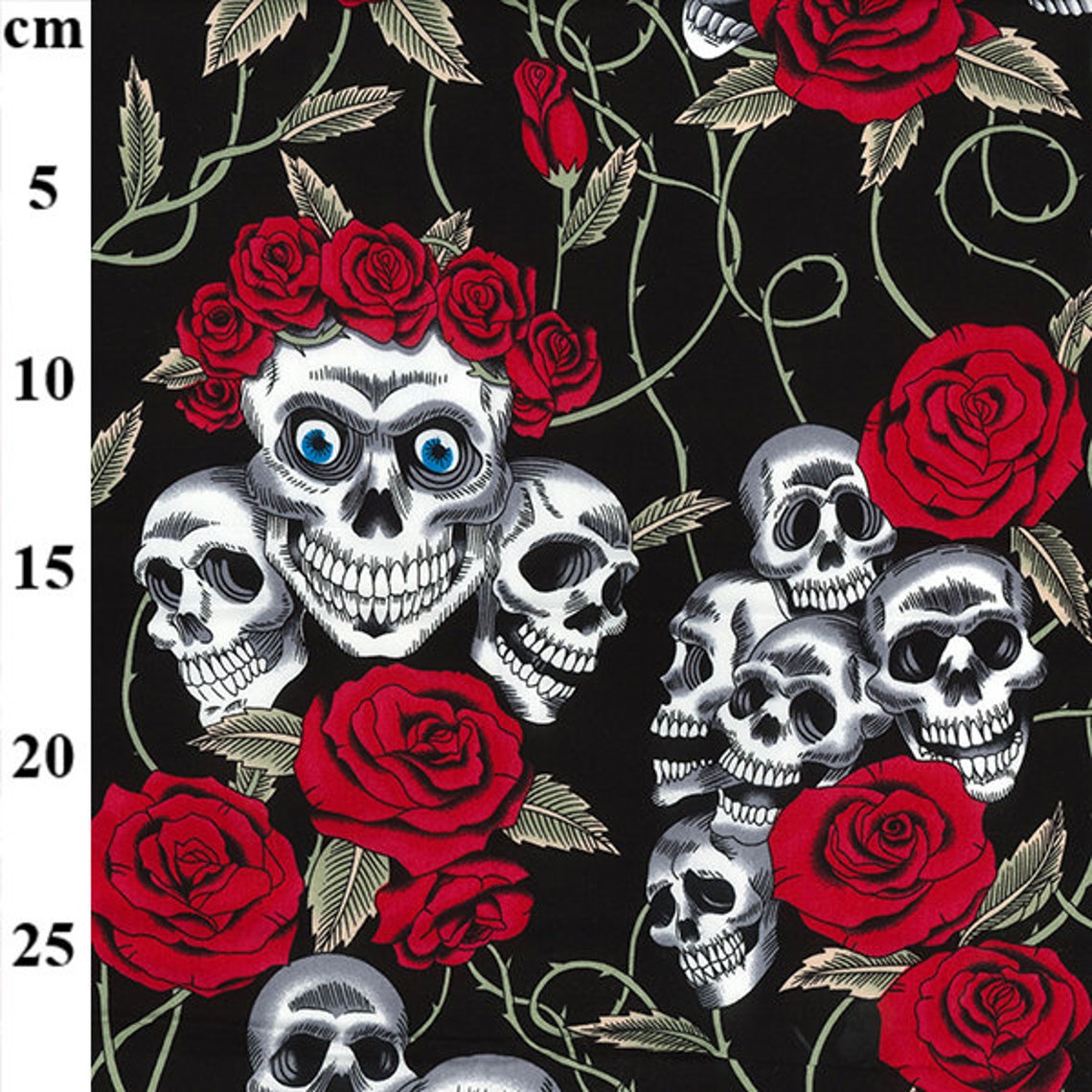 Skull Print Fabric 100% Cotton Skulls & Red Roses on Black - Etsy Australia