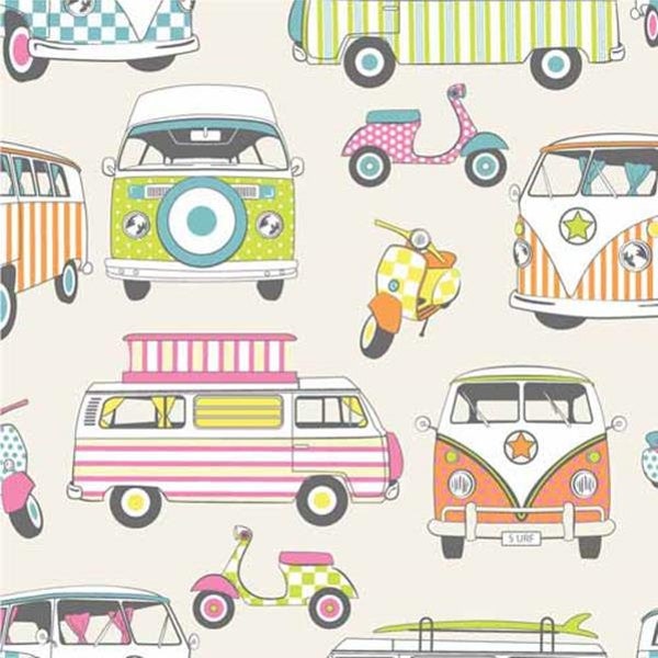 Cotton Fabric - Happy Campers Tuttifrutti Camper Van Scooter Craft Fabric Material