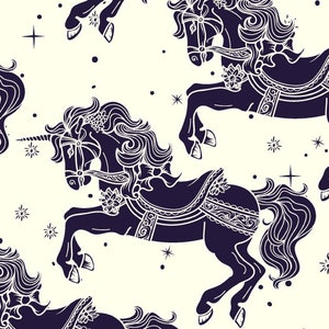 Cotton Fabric - Carousel Horses Unicorns Navy Blue Print - Craft Fabric Material Metre