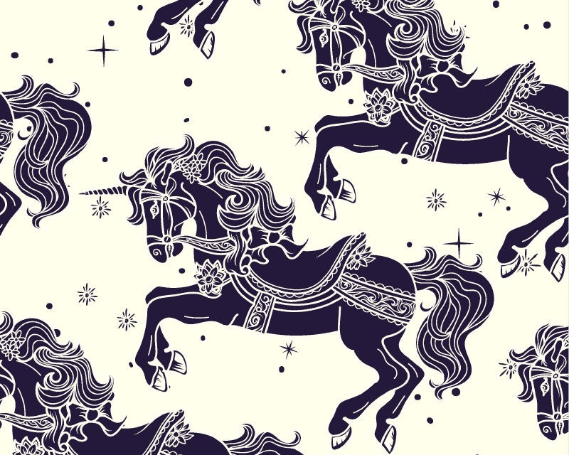 Cotton Fabric Carousel Horses Unicorns Navy Blue Print | Etsy