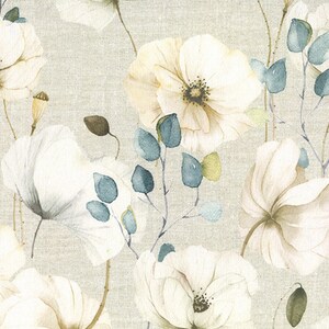 Cotton Canvas Fabric - White Flowers Blue Green Leaves Craft Fabric Material Metre