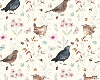 Nutex Fabric - Birdsong - Blackbird Thrush Wrens Butterflies on Cream Patchwork Quilting Dressmaking Craft Fabric