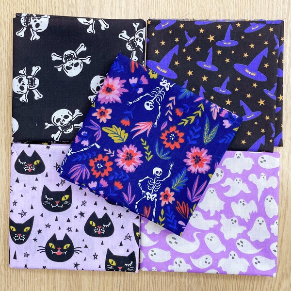 Fat Quarter Bundle - Halloween Purple Mix - Skulls Witches Hats Ghosts Black Cats Skeletons - Polycotton Craft Fabric Material