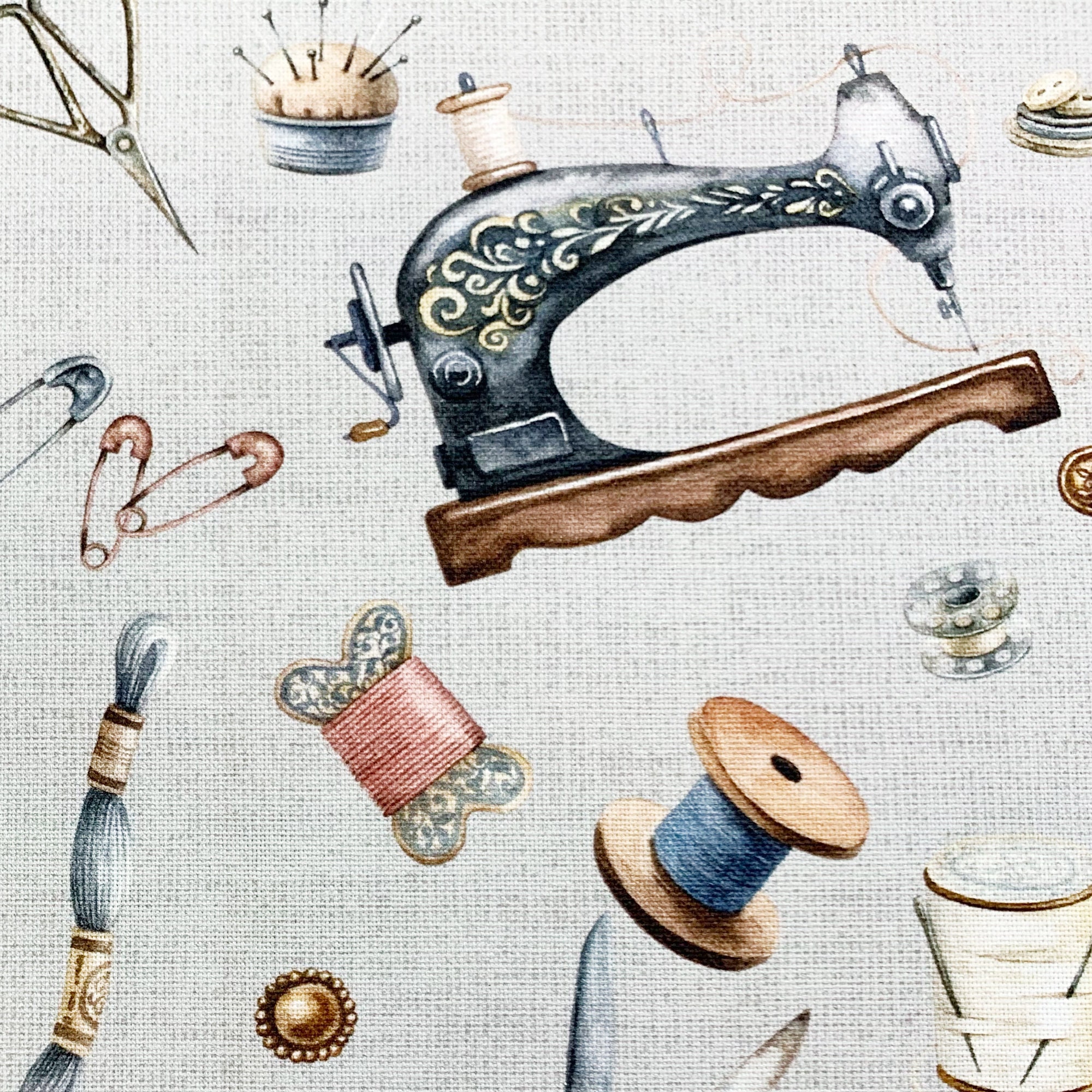 Cotton Canvas Fabric Haberdashery Sewing Theme on Grey Etsy