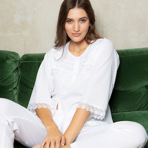 100% Cotton Victorian Style White Cotton Pyjama Set by Cottonreal Camas image 2