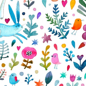 Cotton Fabric - Forest Rabbit & Bird Print - Digital Cotton Easter Craft Fabric Material Metre