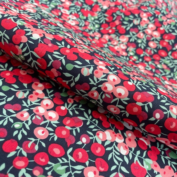 Cotton Poplin Fabric - Red Berry Floral on Black - Craft Fabric Material Metre