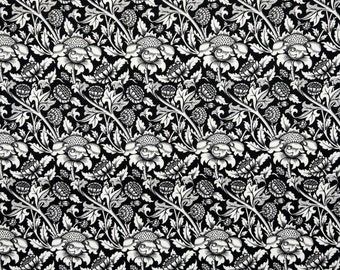 William Morris Stoff - Vintage weiße Blumen auf schwarzer Baumwolle Perkal Digital Bedruckter Stoff Material Meter - 45"breit 125gsm