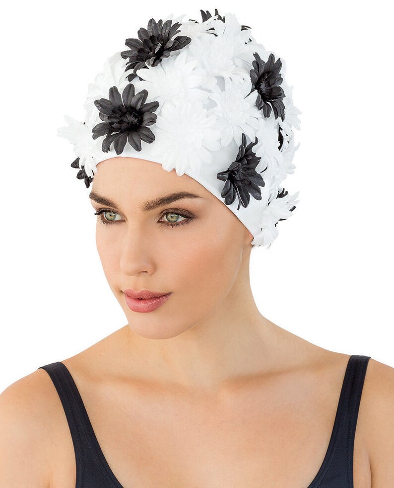 Retro Style Swim Cap Fashy Swimming Hat Black & White Etsy