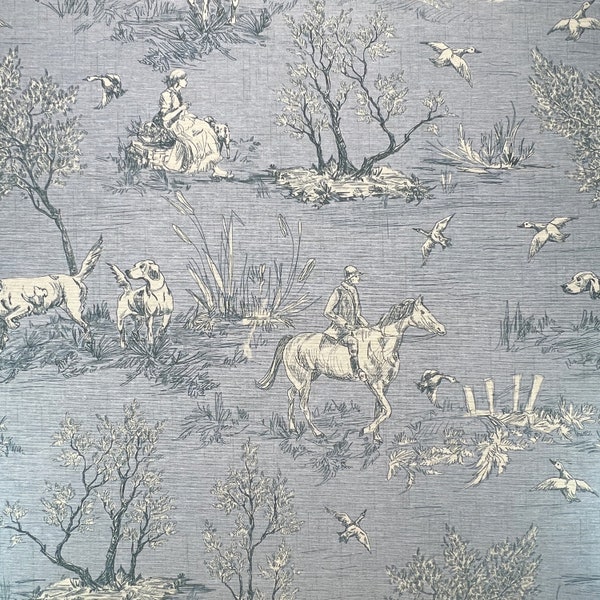 Cotton Rich Canvas Fabric - Country Toile Classic French Wedgewood Blue Horse & Hound Design - Home Furnishing Material