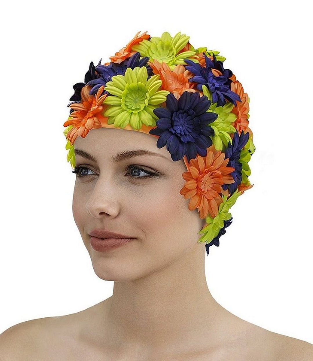 Retro Style Swim Cap Fashy Swimming Hat Orange Blue & Green Petal Swim