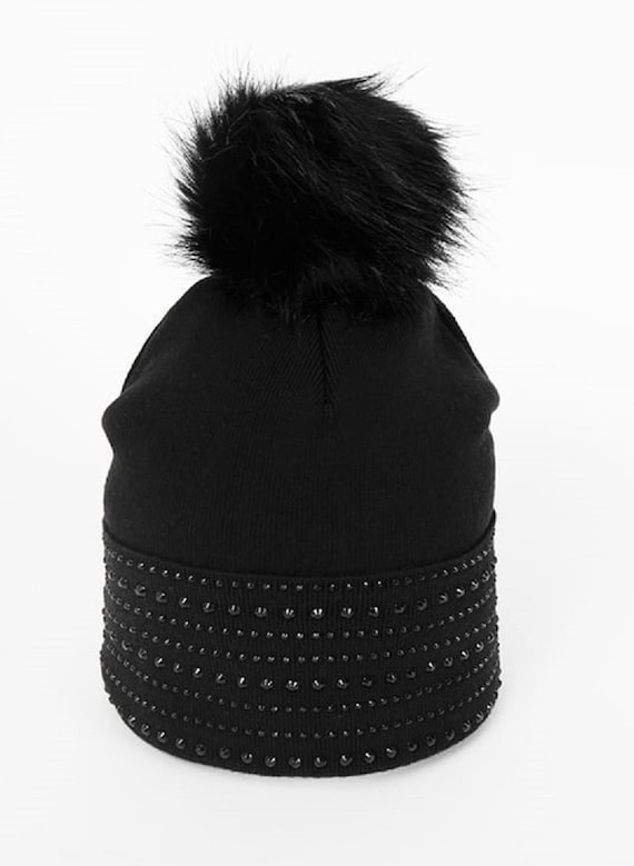 black faux fur bobble hat