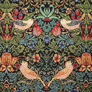 Medium - Heavy Weight Tapestry Upholstery Fabric 'William Morris Strawberry Thief Classic Bird Design on Black Per Metre - 140 cm- 55" Wide