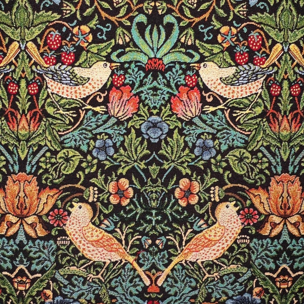 Medium - Heavy Weight Tapestry Upholstery Fabric 'William Morris Strawberry Thief Classic Bird Design on Black Per Metre - 140 cm- 55" Wide