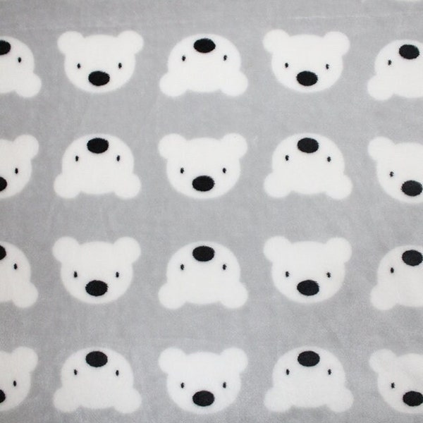 Super Soft Grey & White Cute Teddy Bear Faces Cuddle Fleece Fabric Material