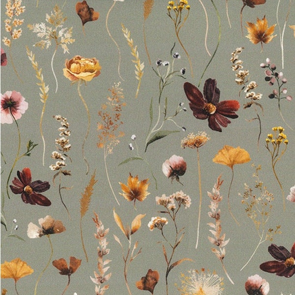 Cotton Canvas Fabric - Autumn Flowers on Sage Green - Craft Fabric Material