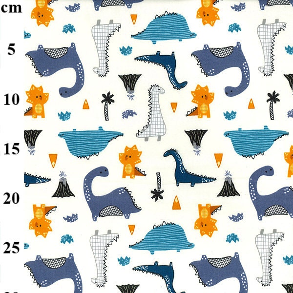 Childrens Fabric - Blue Dinosaur Print on Ivory - Cotton Poplin Craft Fabric Material Metre