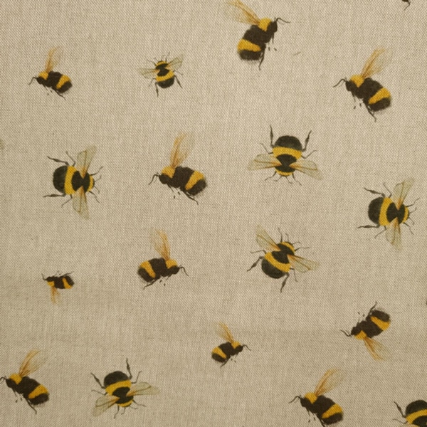 Tissu d'ameublement - Impression d'abeilles sur un tissu artisanal d'aspect lin naturel