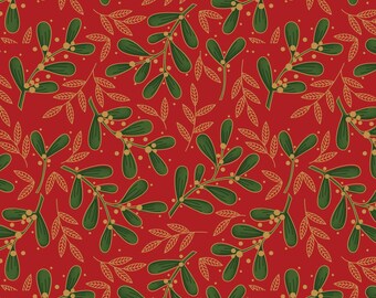 Christmas Fabric - Metallic Gold Leaves & Green Mistletoe on Red - Xmas Craft Fabric Material Metre