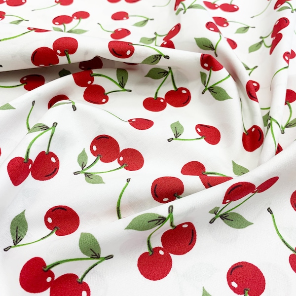 100% Cotton Poplin Fabric - Red Cherry Print on White - Craft Fabric Material by the Metre (CP0866WHI)