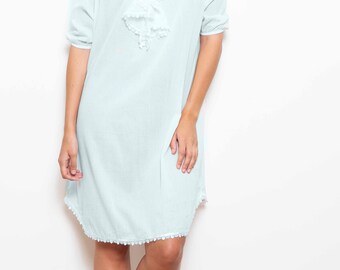 Victorian Style Nightdress Blue Cotton Voile Short Ruffle Neck Nightshirt by Cottonreal (Tara)